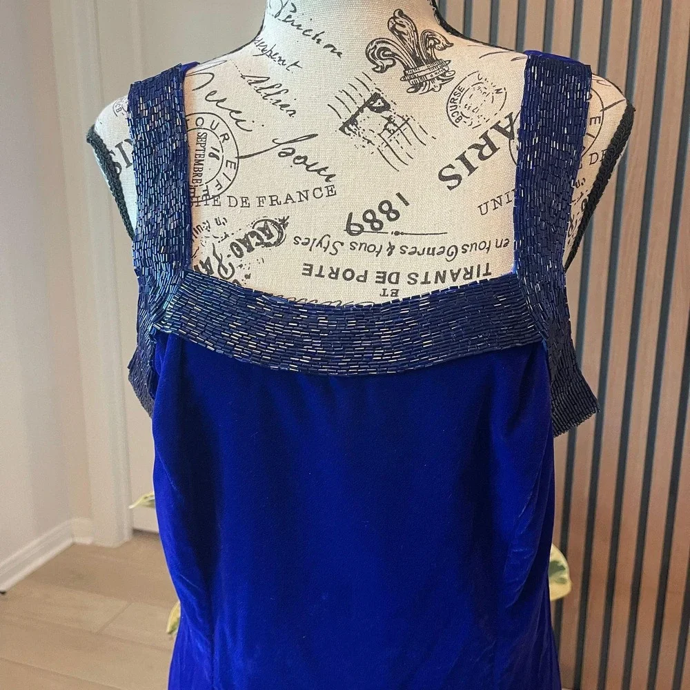 Vintage Niki Originals Velvet Dress Royal Blue Beaded Lace Formal Gown‎